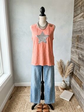 Peach Sequin Star Sleeveless Tank Top